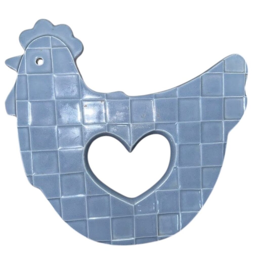 Vintage Farmhouse Blue Treasure Craft Stoneware Chicken Trivet / Hot Plate